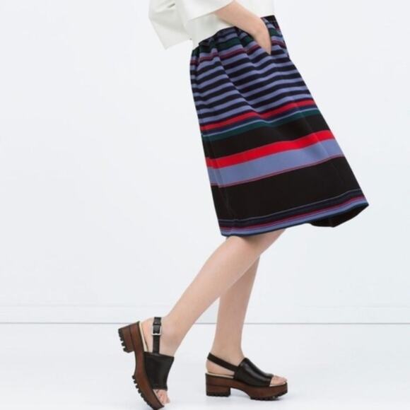 ZARA Striped Blue Jacquard A-Line Midi Skirt XS NWT Classic Pockets High Waist - Picture 2 of 7